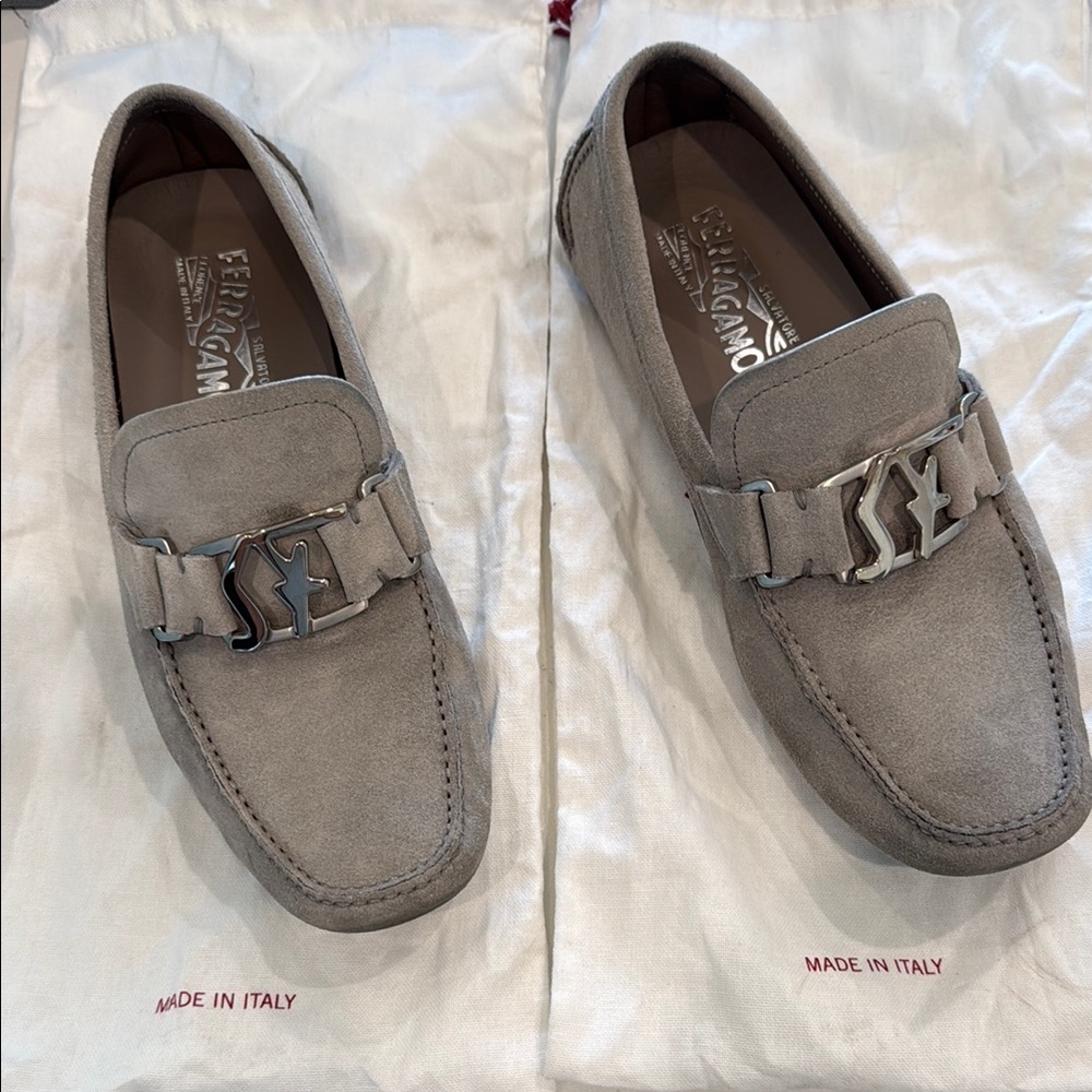 Salvatore Ferragamo Gray Loafers with Metal Detail